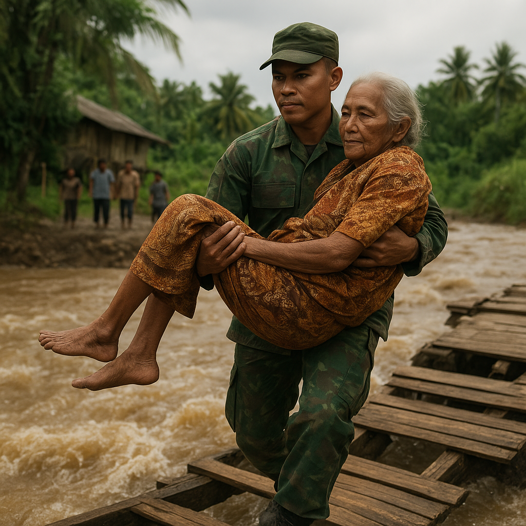 Viral, Prajurit TNI AD Gendong Ibu Lanjut Usia Melewati Jembatan Putus di NTT