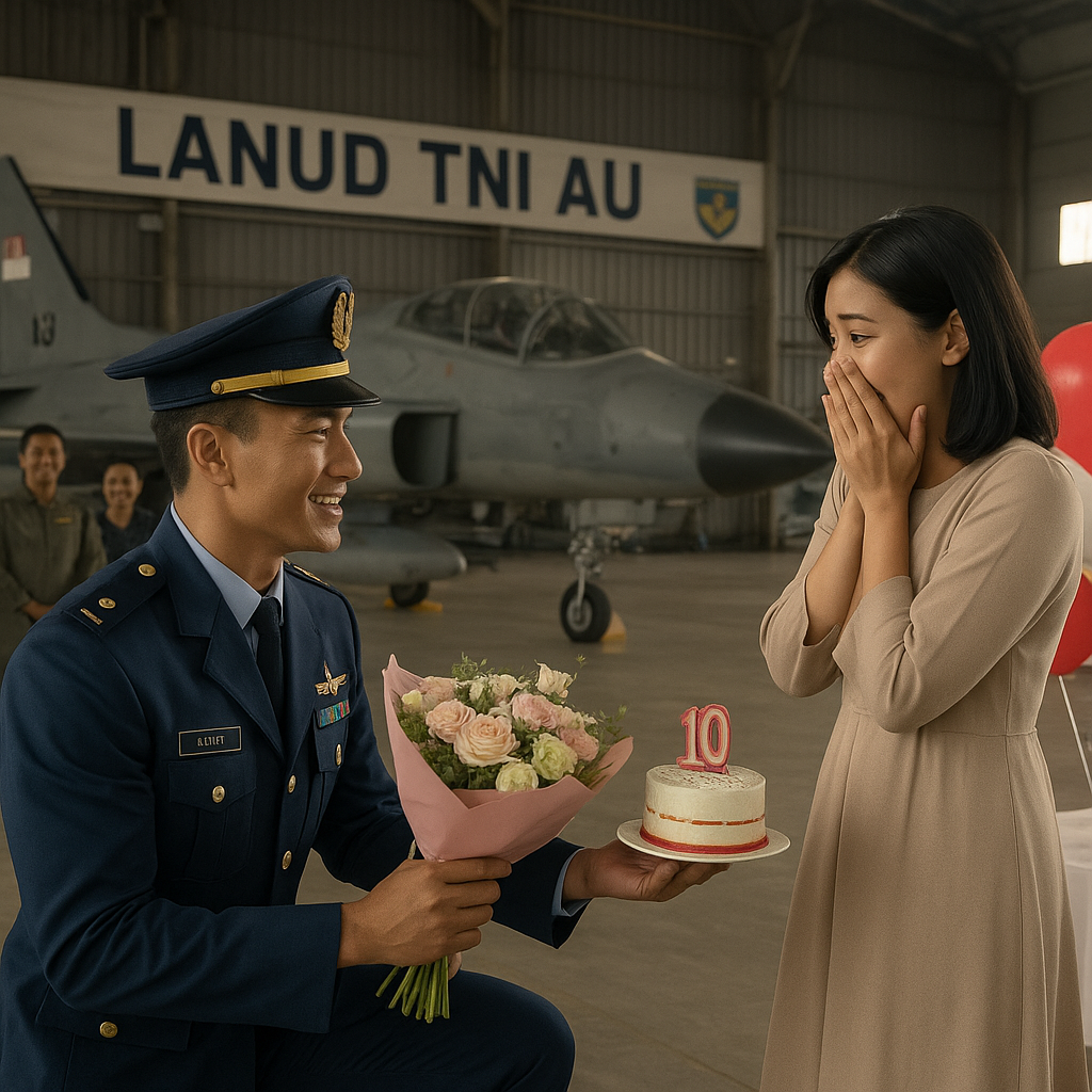 Prajurit TNI AU Buat Kejutan Ulang Tahun Pernikahan untuk Istri di Hanggar Pesawat