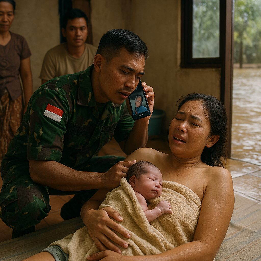 Prajurit TNI Bantu Persalinan Istrinya di Rumah Karena Terjebak Banjir Menuju RS