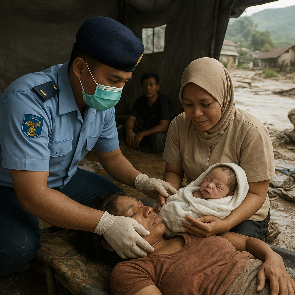 Prajurit TNI AU Bantu Persalinan Ibu di Lokasi Banjir Bandang Garut
